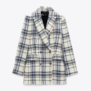Zara Women's Blue and White Tartan Plaid Coat S